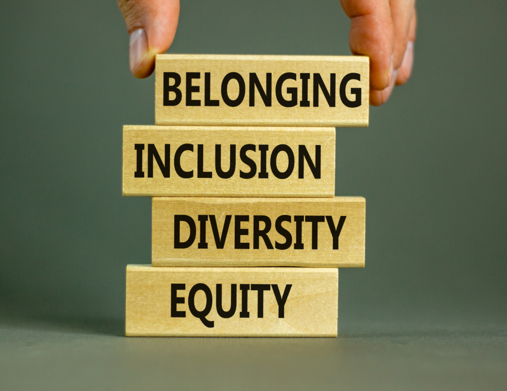 Stacked blocks that read Equity, Diversity, Inclusion and Belonging
