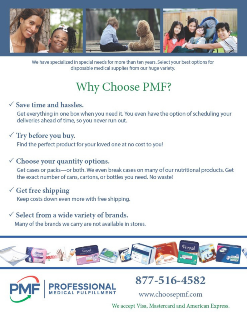 A PMF flyer titled "Why Choose PMF" listing five reasons: Save time and hassles, Try before you buy, Choose your quantity options, Get free shipping, Select from a wide variety of brands